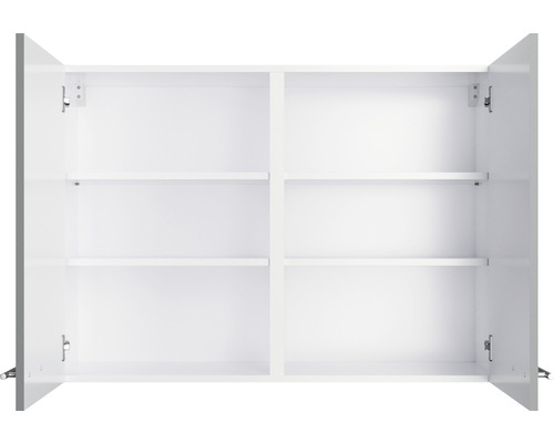 Offener, weißer Badezimmerschrank mit zwei Türen und Regalböden.