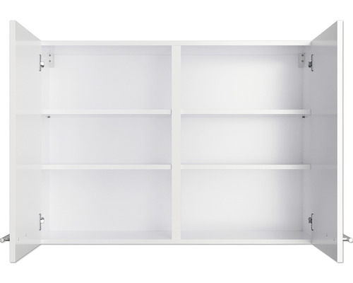 Weißer Hängeschrank mit offenen Türen und Innenregalen.