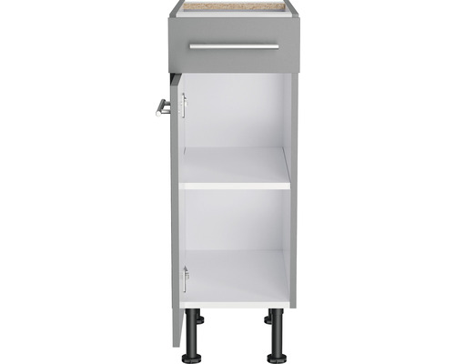 Grauer Unterschrank mit Schublade und zwei Regalen