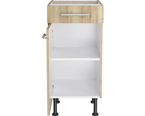 Waschbeckenunterschrank mit Schublade, offener Tür und zwei Regalböden