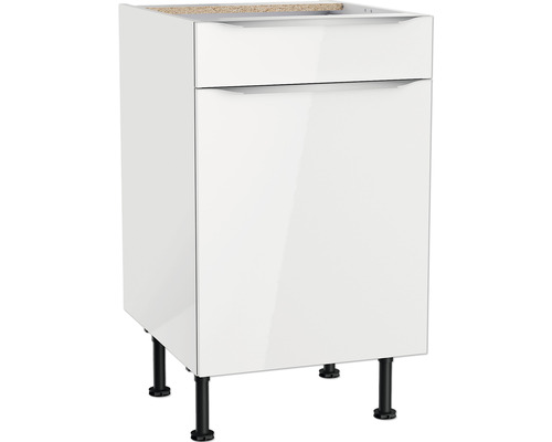 Optifit Unterschrank mit Schublade und Drehtür Arvid986 BxTxH 50 x 58,4 x 87 cm weiß glänzend zerlegt Anschlag reversibel KFAV U506-8E+ Unterschrank mit einer Schublade und einer Tür für den Sanitärbereich