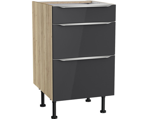 Schubladenunterschrank Optifit Linus984 BxTxH 50 x 58,4 x 87 cm Frontfarbe anthrazit glänzend Korpusfarbe wildeiche