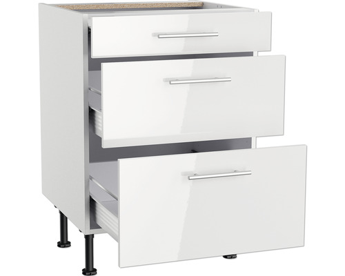 Küchenunterschrank mit drei Schubladen und silberfarbenen Griffen