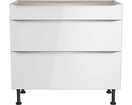 Meuble bas blanc avec trois tiroirs et pieds noirs