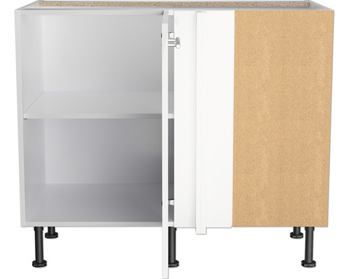 Meuble bas blanc avec une porte ouverte et deux étagères