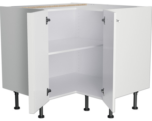 Meuble bas d''angle blanc avec deux portes ouvertes et deux étagères
