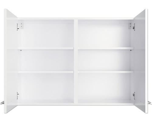 Armoire murale blanche ouverte avec étagères