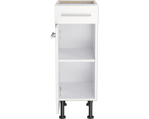 Meuble bas blanc avec tiroir, porte, étagère et pieds pour salle de bain ou cuisine