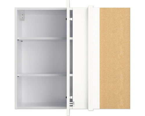 Meuble de salle de bains blanc ouvert avec étagères