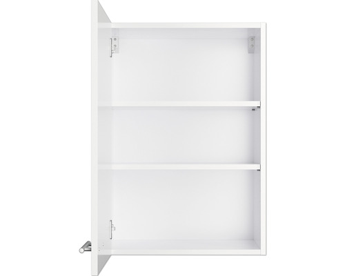 Offener weisser Badezimmerschrank mit Regalböden