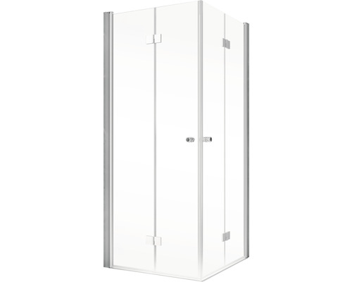 Eckdusche mit klaren Glaswänden und silberfarbenen Beschlägen