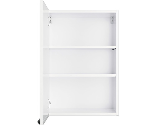 Offener weißer Badezimmerschrank mit drei Regalen