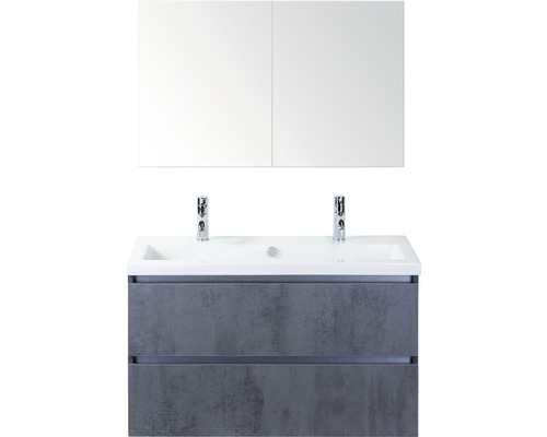 Ensemble de meubles de salle de bains Vogue 100 cm avec lavabo en céramique 2 trous pour robinetterie et armoire de toilette béton anthracite