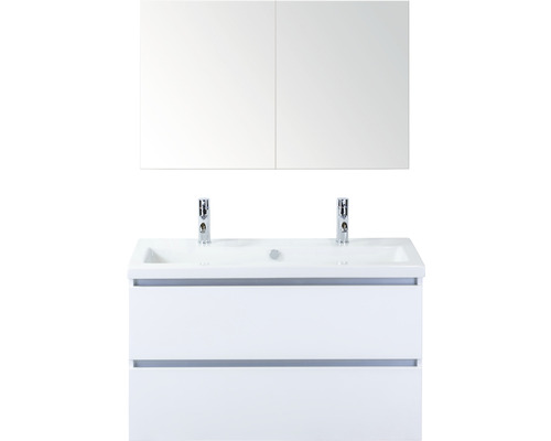 Ensemble de meubles de salle de bains Vogue 100 cm avec lavabo en céramique 2 trous pour robinetterie et armoire de toilette blanc à haute brillance