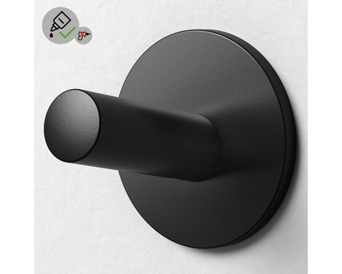 Schwarzer Kleiderhaken zur Wandmontage mit Kleben oder Bohren