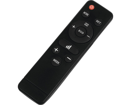 Télécommande noire avec plusieurs boutons.