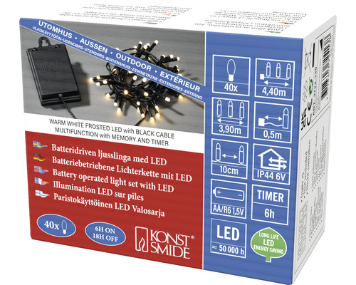 Emballage d''une guirlande lumineuse LED à piles avec LED blanc chaud et câble noir pour l''extérieur