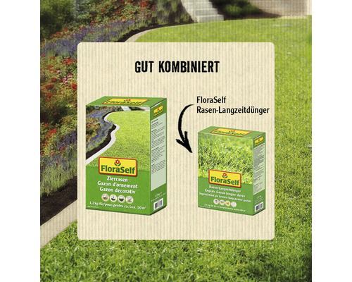 Combinaison recommandée : Gazon d''ornement FloraSelf et engrais longue durée pour gazon FloraSelf