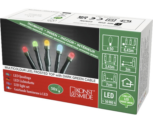 Emballage de guirlande lumineuse LED multicolore avec câble vert foncé pour une utilisation en intérieur