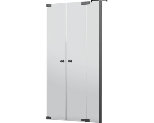 Porte de douche dans une niche Jungborn SETTE porte battante avec partie fixe à droite 160 cm couleur de profilé noir verre transparent avec revêtement résistant à la saleté et poignée tampon