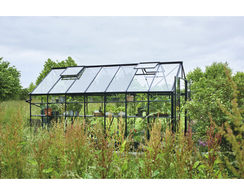 Serre avec étagères et plantes dans le jardin