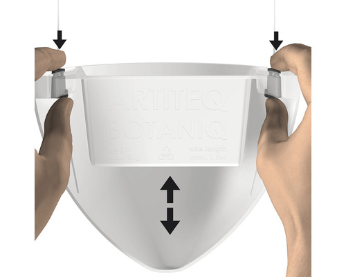 Detailaufnahme einer Pflanzenampel mit zwei Händen, die die Aufhängung justieren