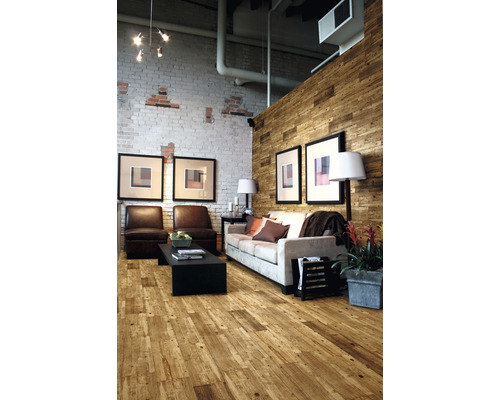 Salon avec plancher en bois, canapé, fauteuils et éléments décoratifs