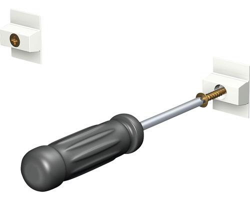 Befestigung einer Schraube in eine weiße Halterung mit einem Schraubendreher