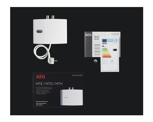 Chauffe-eau instantané AEG avec documentation et étiquette énergétique