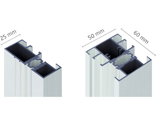 Zwei Aluminiumprofile mit den Maßen 25 Millimeter, 50 Millimeter und 60 Millimeter