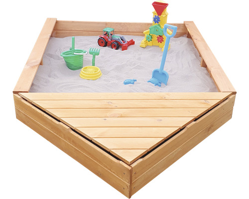 Bac à sable en bois avec jouets et couvercle partiellement fermé