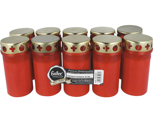 Zehn Grablichter aus rotem Kunststoff mit goldenem Deckel