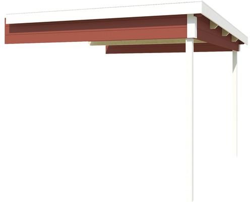 Carport mit roter Holzverkleidung und weißen Pfosten