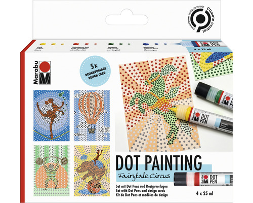Kit peinture point à point Marabu Dot Pen Fairytale Circus 4x 25 ml Marabu Dot Painting Set Cirque de contes de fées avec points de peinture et modèles de conception