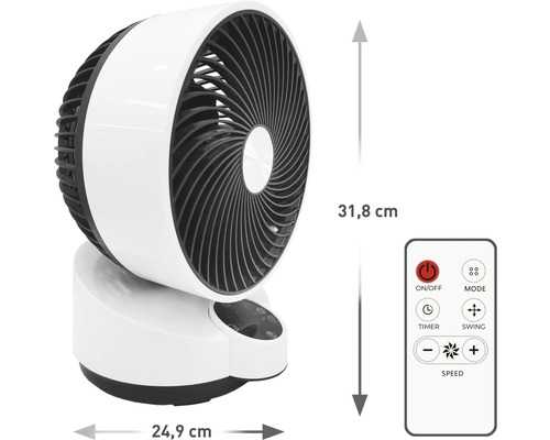Tischventilator mit Fernbedienung und den Maßen 31,8 cm Höhe und 24,9 cm Breite