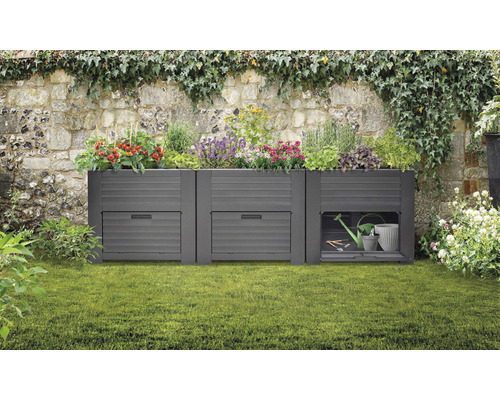 Jardinière surélevée classique avec 3 compartiments de rangement 225 x 75 x 78 cm anthracite