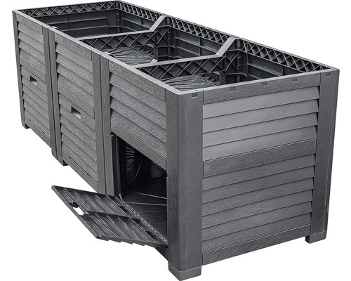 Trois composteurs en plastique avec motif à lattes et ouverture