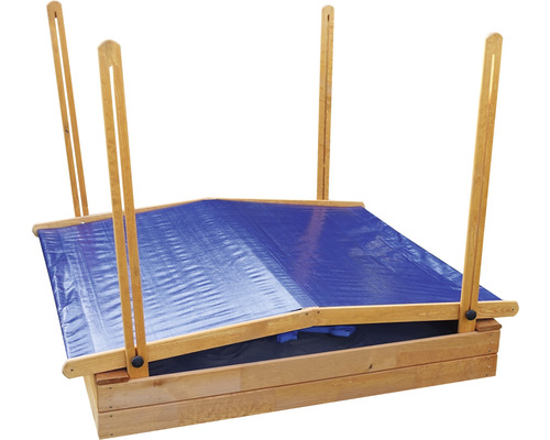 Bac à sable en bois avec couverture bleue