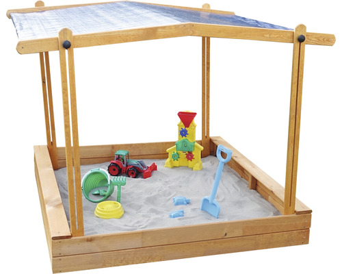 Bac à sable en bois avec toit et jouets
