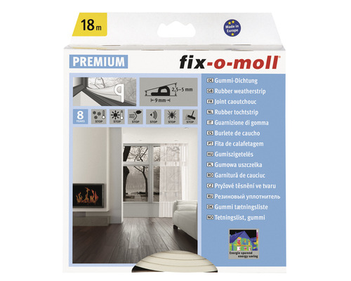Fix-o-Moll P-Profildichtung selbstklebend 9 mm x 18 m Fix-o-moll Gummidichtung, 18 Meter, zur Abdichtung von Fenstern und Türen