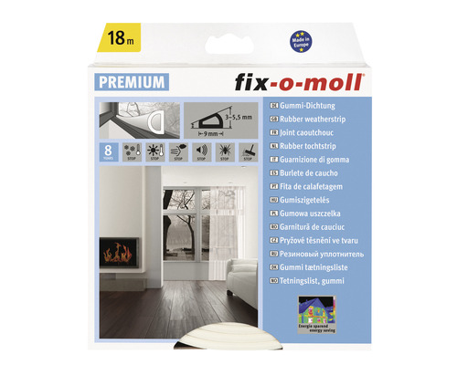 Fix-o-Moll D-Profildichtung selbstklebend weiß 9 mm x 18 m Fix-o-Moll Gummidichtung, 18 Meter Rolle, Premium Produktverpackung
