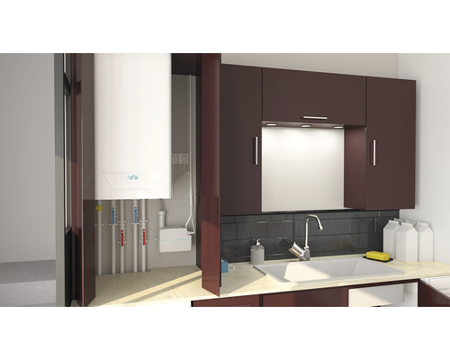 Chaudière dans une salle de bains avec lavabo et armoires