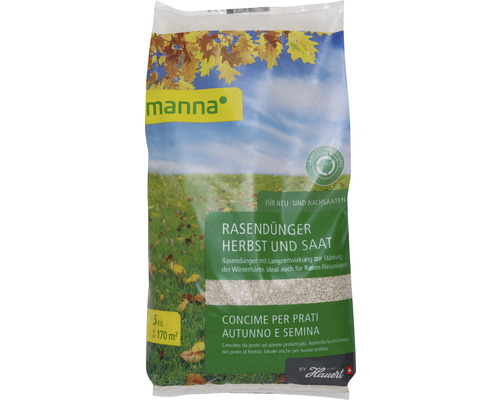 Engrais pour gazon automne et semences Hauert Manna engrais minéral à effet longue durée pour l'automne et le premier ensemencement de gazon 5 kg, 170 m²