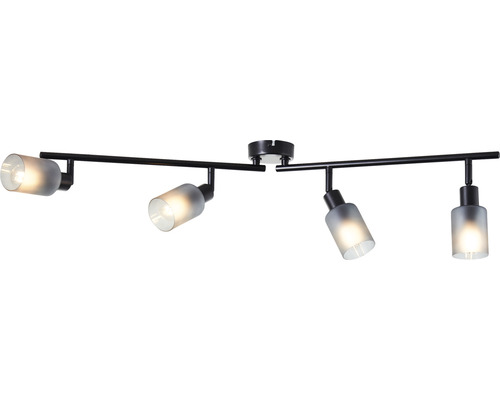 Schwarze Deckenleuchte mit vier Strahlern und zylindrischen Glasschirmen