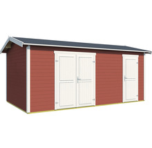 Rotes Gartenhaus aus Holz mit Doppeltür und Einzeltür
