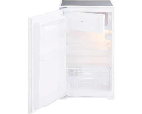 Geöffneter, weisser Kühlschrank mit Regalböden