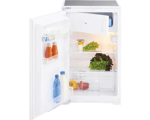 Offener Kühlschrank mit verschiedenen Lebensmitteln wie Getränken, Joghurt, Trauben, Salat und Paprika.