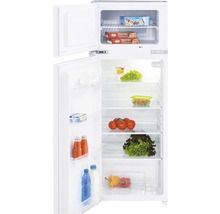 Weißer Kühlschrank mit Gefrierfach und Lebensmitteln