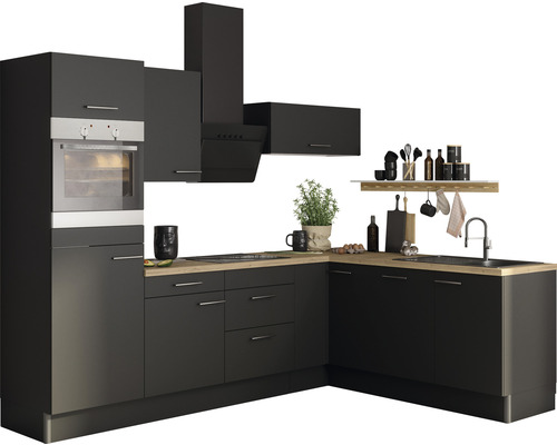 Cuisine en angle équipée Optifit Ingvar420 270 cm façade anthracite mate, corps anthracite variante à gauche démonté