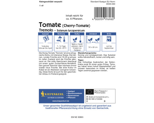 Sachet de graines de tomate cerise Tremolo avec des informations sur le semis, la germination, la culture, l''espacement et la récolte
